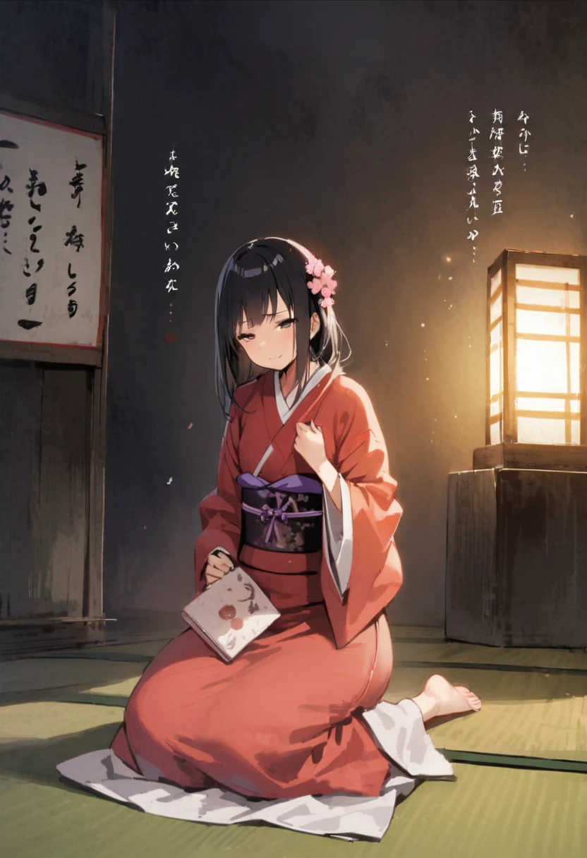 Showing panties、Zashiki Warashi、Japanese style、Shoji Screen、tatami、Haunted house、darkness、Late Night、kimono、Bob、girl、girl、young、、Flat Chest、Long black hair、Dynamic Angle、A faint smile、Squint your eyes、ball、Flower Hair Ornaments、Clogs or bare feet