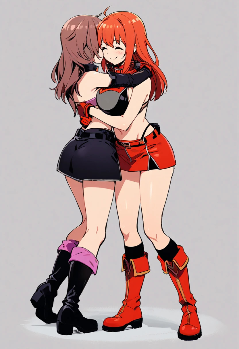 two girl,big breasts,Bikini Tops,hot pants,gloves,smile,boots,Knee-high socks,Embrace each other,full body Shot,