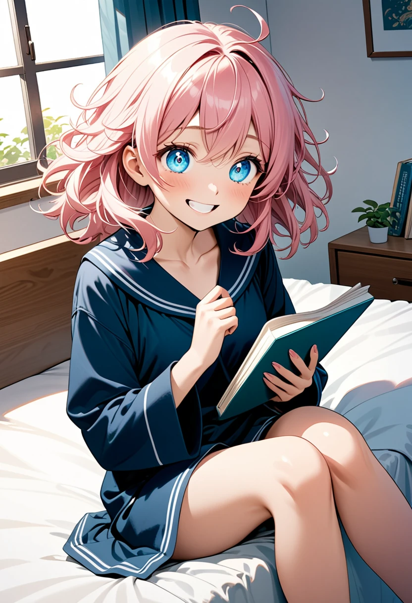 detailed illustration, dynamic angle, ultra-detailed, illustration, 1girl, 24 years old, short pink hair, wild hair, bright blue eyes, detailed eyes, sitting on bed, holding journal, holding book, smiling, coy, happy, delighted