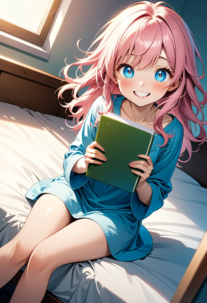 detailed illustration, dynamic angle, ultra-detailed, illustration, 1girl, 24 years old, short pink hair, wild hair, bright blue eyes, detailed eyes, sitting on bed, holding journal, holding book, smiling, coy, happy, delighted