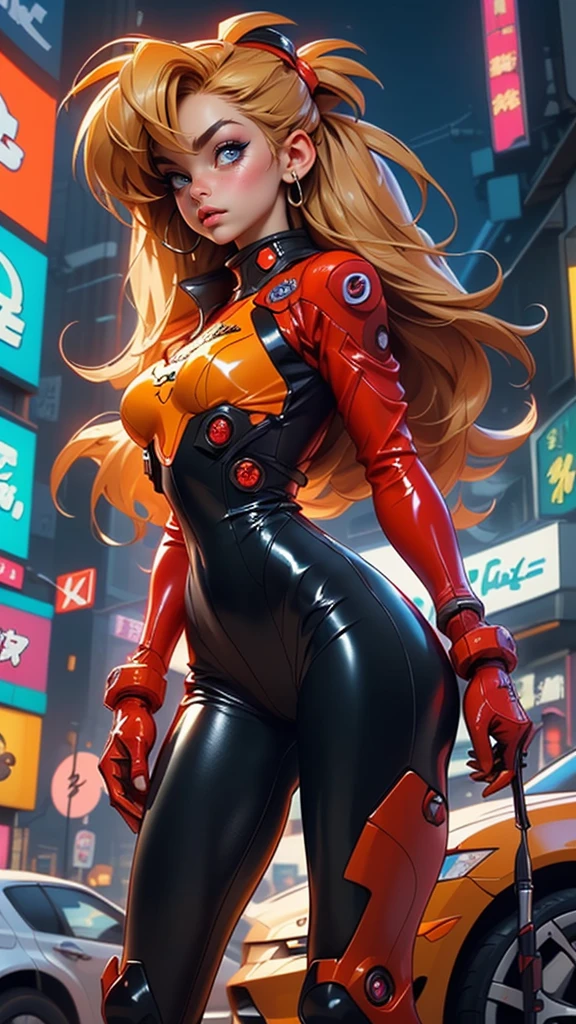 rear view, backside view,((The best quality, better resolution, Award-winning portrait, Official Art)), ((perfect masterpiece)), ((realist)) and ultra detailed photography of a nerdy cyberpunk souryuu asuka langley girl with gothic and post apocalyptic colors.. She has ((long blonde hair)), Carry a (Harajuku inspired cyberpunk tech top) and a (Harajuku inspired cyberpunk tech clothing bottom:1.2) , ((the most beautiful and sexy aesthetic)), sexy, Super huge tits hugely giant, Cleavage showing, hot,(souryuu asuka langley latex bodysuit:1.4),Detailed eyes, detailed hands,
