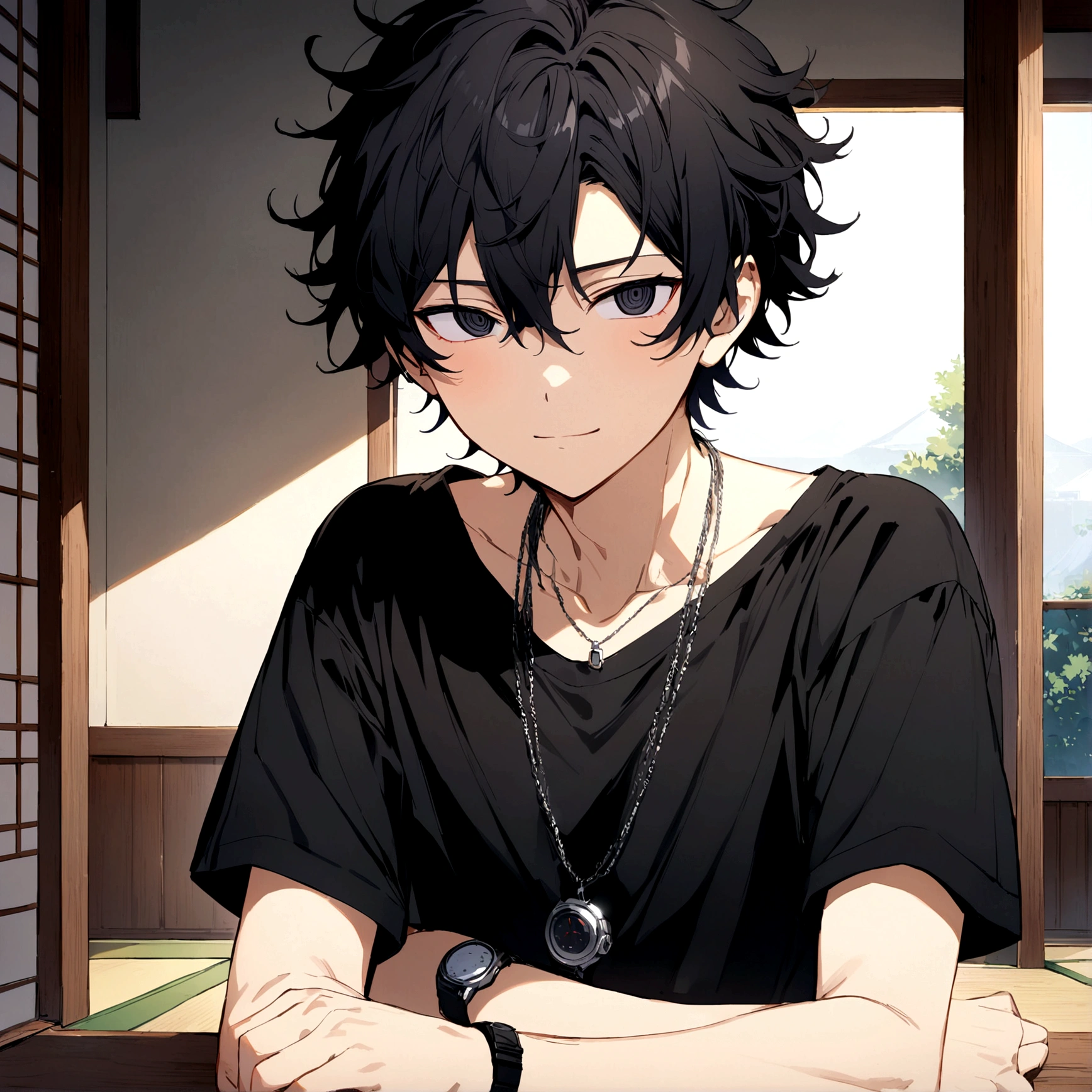 (((best quality))),(((ultra detailed))), ((masterpiece)), (((vivid))), anime, 1 boy, 18 years old appearance, short hair, detailed hair, black hair, messy hair, black eyes, detailed eyes, black t-shirt, silver pendant around the neck, on the left arm a digital watch, ((during the day)), without smiling, calm face, in a Japanese room.