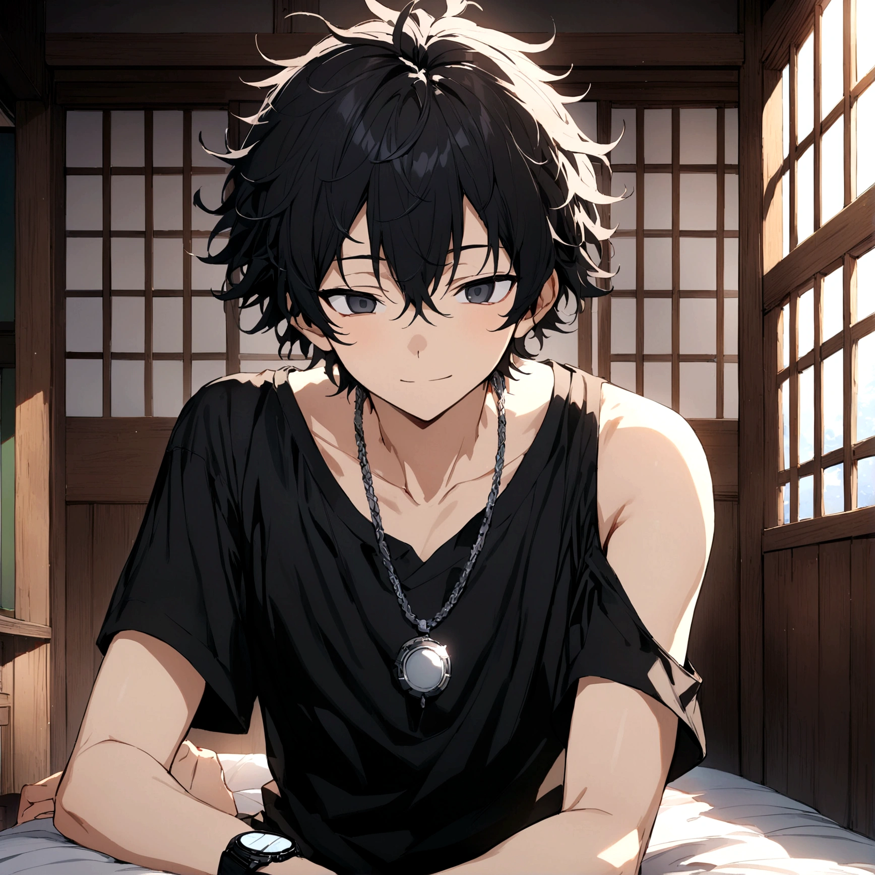 (((best quality))),(((ultra detailed))), ((masterpiece)), (((vivid))), anime, 1 boy, 18 years old appearance, short hair, detailed hair, black hair, messy hair, black eyes, detailed eyes, black t-shirt, silver pendant around the neck, on the left arm a digital watch, ((during the day)), without smiling, calm face, in a Japanese room.