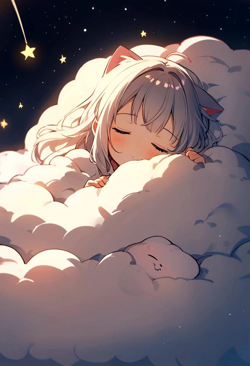 masterpiece, Highest quality, Movie Steel,Kitten sleeping on a fluffy cloud blanket, Cloud Girl, Floating in the sky, whole body, Luminance, happiness, Warm and soft lighting, Late Night, Sleep, うつ伏せでsleep, sleep, close your eyes. (spark:0.7).10cm kittens sleeping next to a 