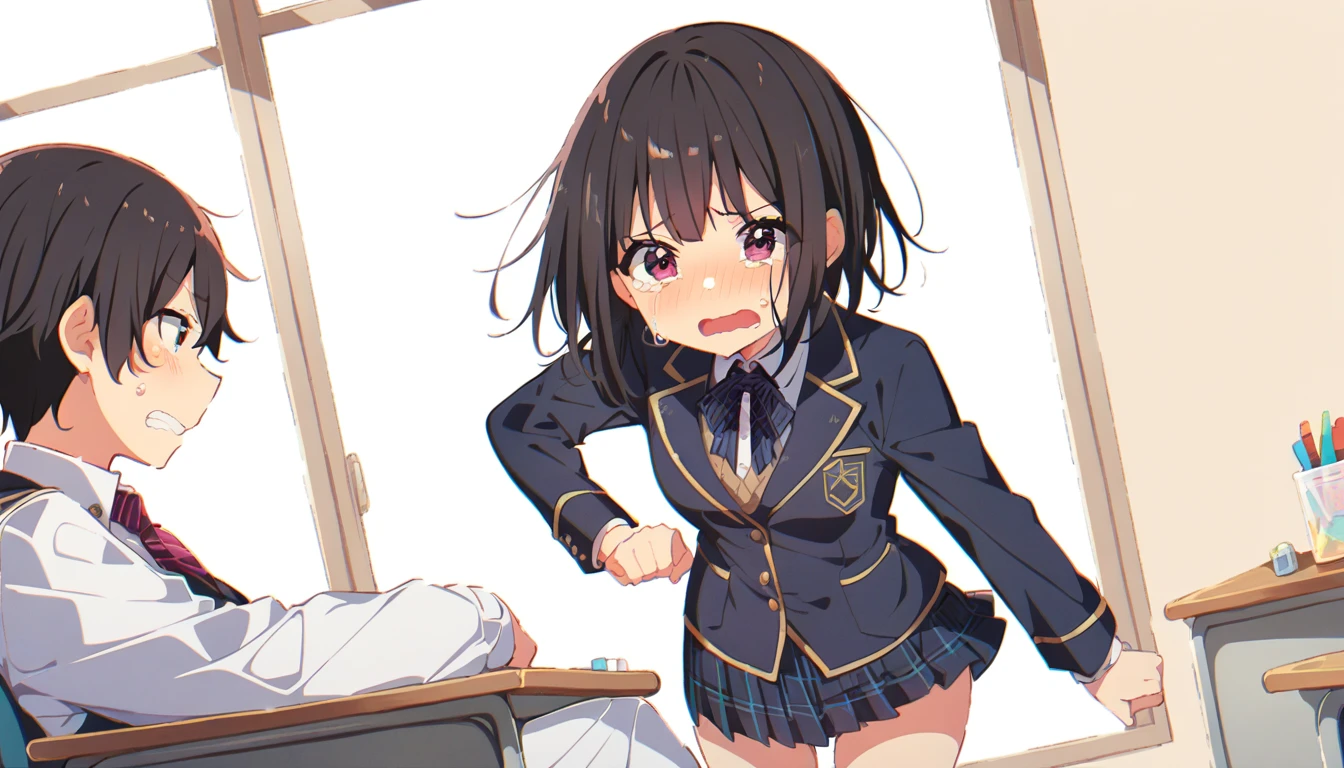 One girl with black bob hair、Blazer uniform、A man covers my skirt、Panties in full view、Standing posture、classroom、Shyness、Crying face、resistance