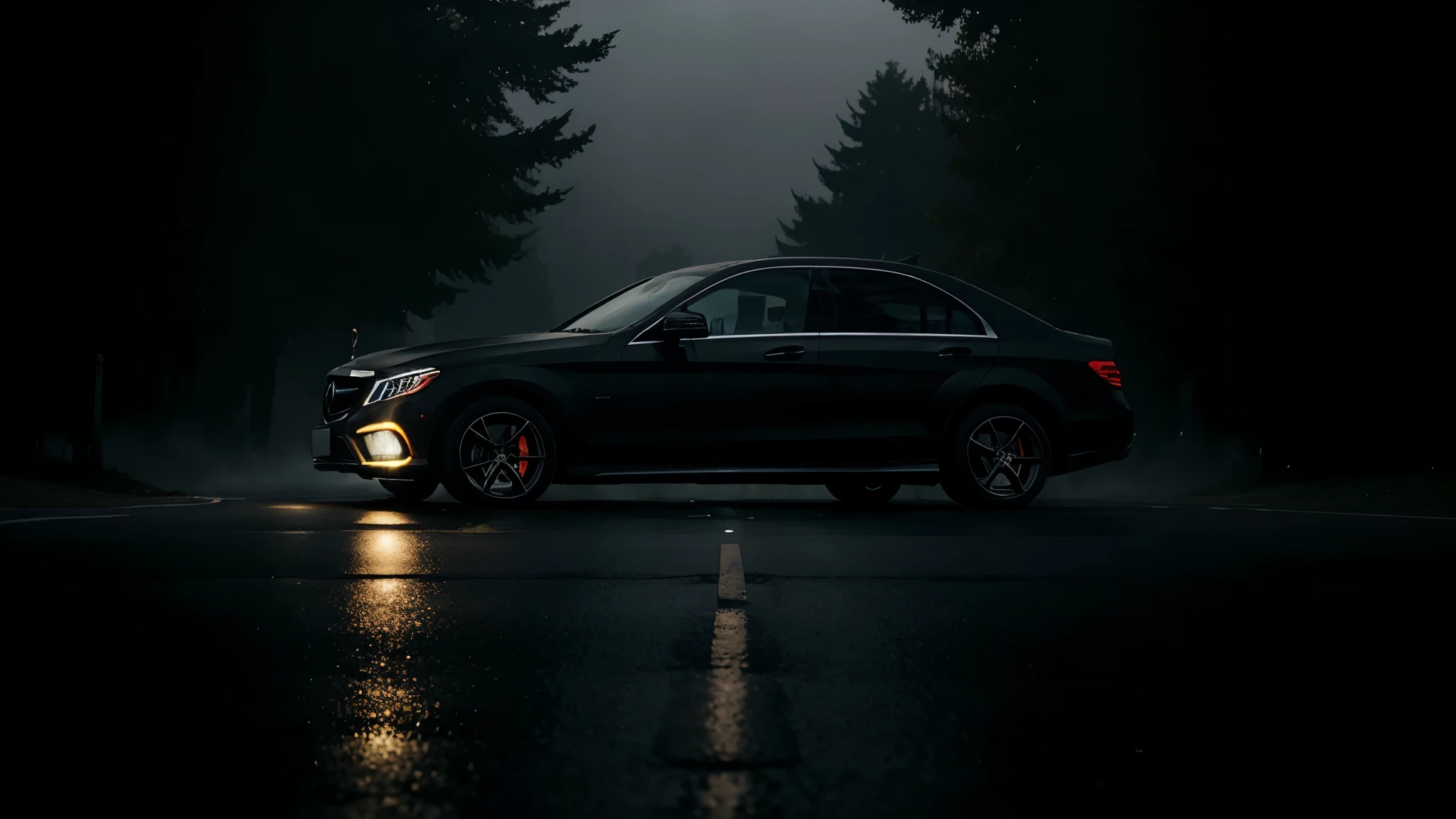 Mysterious Shadow on the Road:
A vague, eerie shadow suddenly appearing in front of a black mercedes car's headlights on a foggy road.