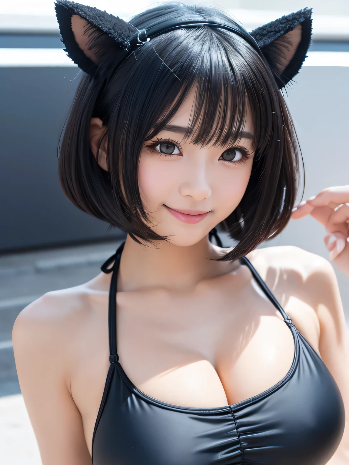 black hair, hair bobbles, wince, longeyelashes, solid circle eyes, fake animal ears, light smile, ear blush, fang, ccurate, best quality、Three beautiful girls、cute、smile、(((Short)))、(((Small breasts)))、、(((Swimsuit))), makeup, tareme, open mouth, shy, Surrealism, drop shadow, anaglyph, stereogram, tachi-e, pov, atmospheric perspective, anime, anime, anime, Canon, 8k, super detail, retina, retina