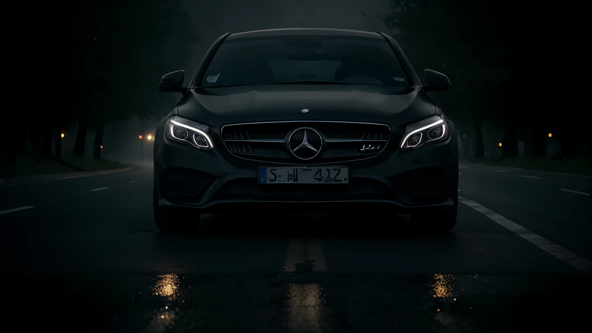 Mysterious Shadow on the Road:
A vague, eerie shadow suddenly appearing in front of a black mercedes car's headlights on a foggy road.