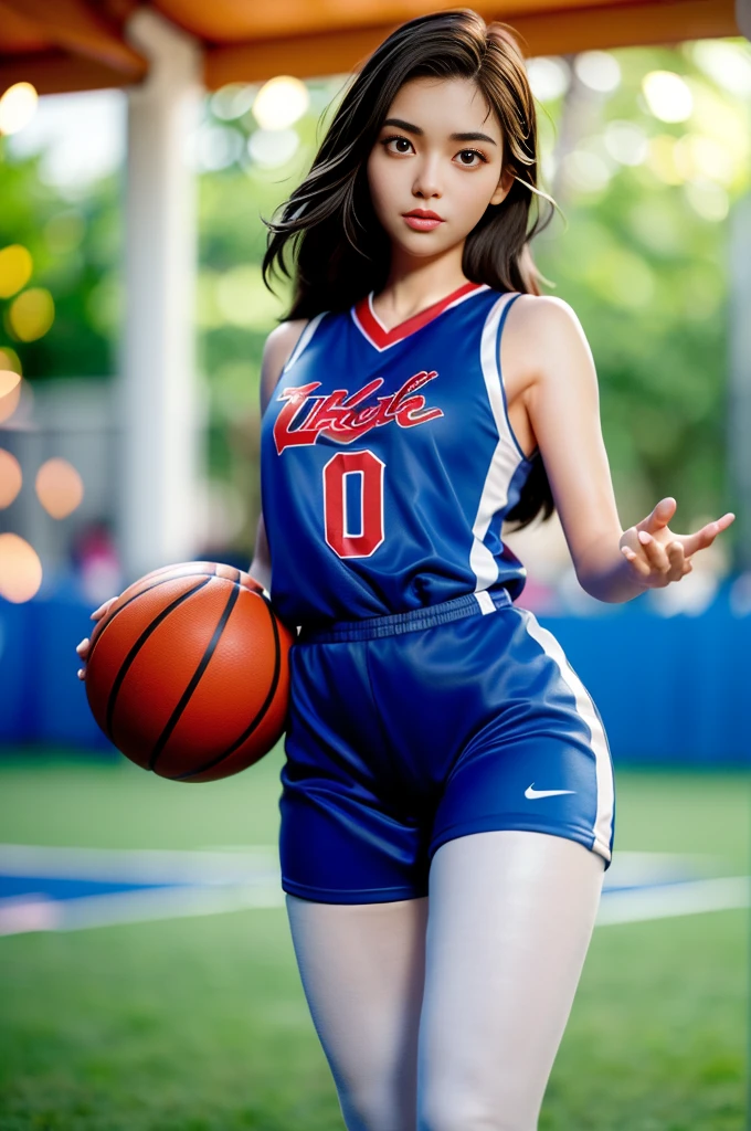 (8k, best quality, masterpiece:1.2), (realistic, photo-realistic:1.37), ultra-detailed,best quality, ultra high res, professional lighting, photon mapping, radiosity, physically-based rendering, cinematic lighting, basketball court,depth of field, sharp focus,sunbeam, good composition,(bokeh:1.2) 1girl,solo,(full body), (closed mouth),beautiful detailed eyes, pose, narrow waist,basketball uniform, black hair,messy hair,long hair floating in wind,(ulzzang-6500:1.2)
 mix4, hiqcgbody