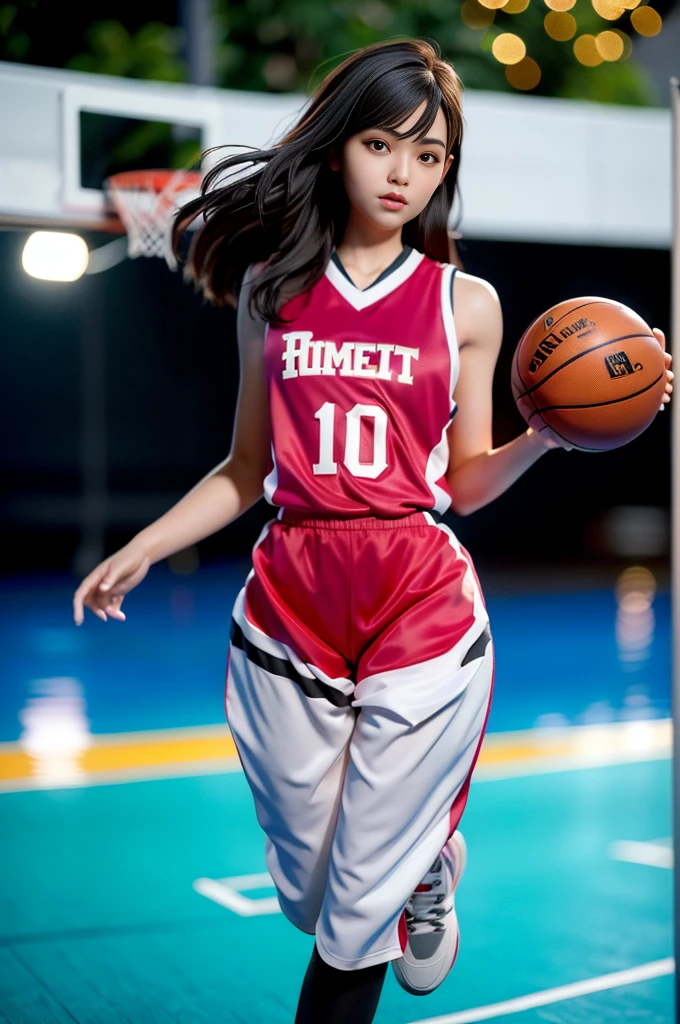 (8k, best quality, masterpiece:1.2), (realistic, photo-realistic:1.37), ultra-detailed,best quality, ultra high res, professional lighting, photon mapping, radiosity, physically-based rendering, cinematic lighting, basketball court,depth of field, sharp focus,sunbeam, good composition,(bokeh:1.2) 1girl,solo,(full body), (closed mouth),beautiful detailed eyes, pose, narrow waist,basketball uniform, black hair,messy hair,long hair floating in wind,(ulzzang-6500:1.2)
 mix4, hiqcgbody