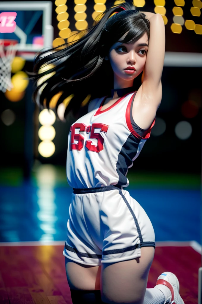 (8k, best quality, masterpiece:1.2), (realistic, photo-realistic:1.37), ultra-detailed,best quality, ultra high res, professional lighting, photon mapping, radiosity, physically-based rendering, cinematic lighting, basketball court,depth of field, sharp focus,sunbeam, good composition,(bokeh:1.2) 1girl,solo,(full body), (closed mouth),beautiful detailed eyes, pose, narrow waist,basketball uniform, black hair,messy hair,long hair floating in wind,(ulzzang-6500:1.2)
 mix4, hiqcgbody