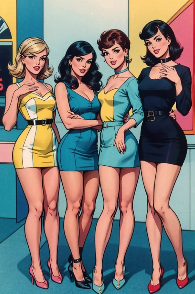 group of fashionable young women posing for a picture, retro 60s girls fashion, 1960s style