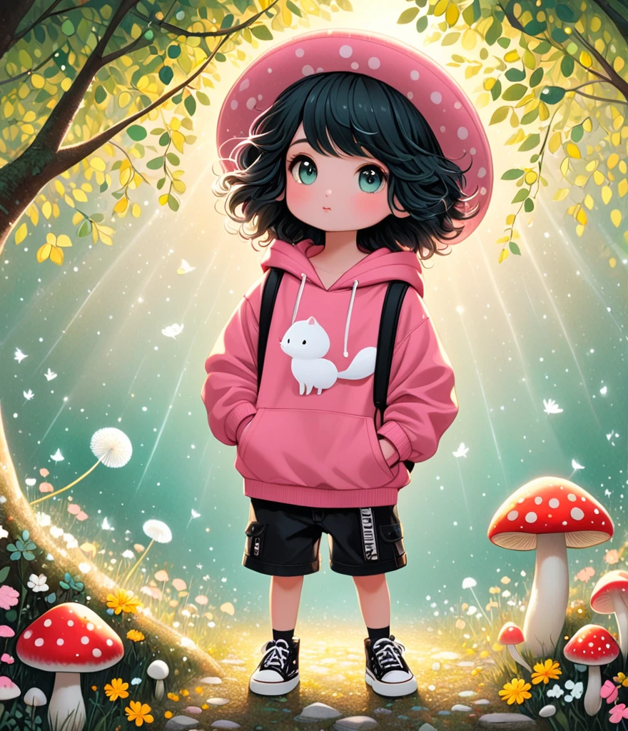 Cute cartoon boy, whole body,Mushroom floating, Pink and white color scheme, sharpie illustration, Thick lines, Grunge rock style beauty, Blending Mode, in the style of Amanda clark, Evgeni gordiets, illustration, 1 nhbm 1