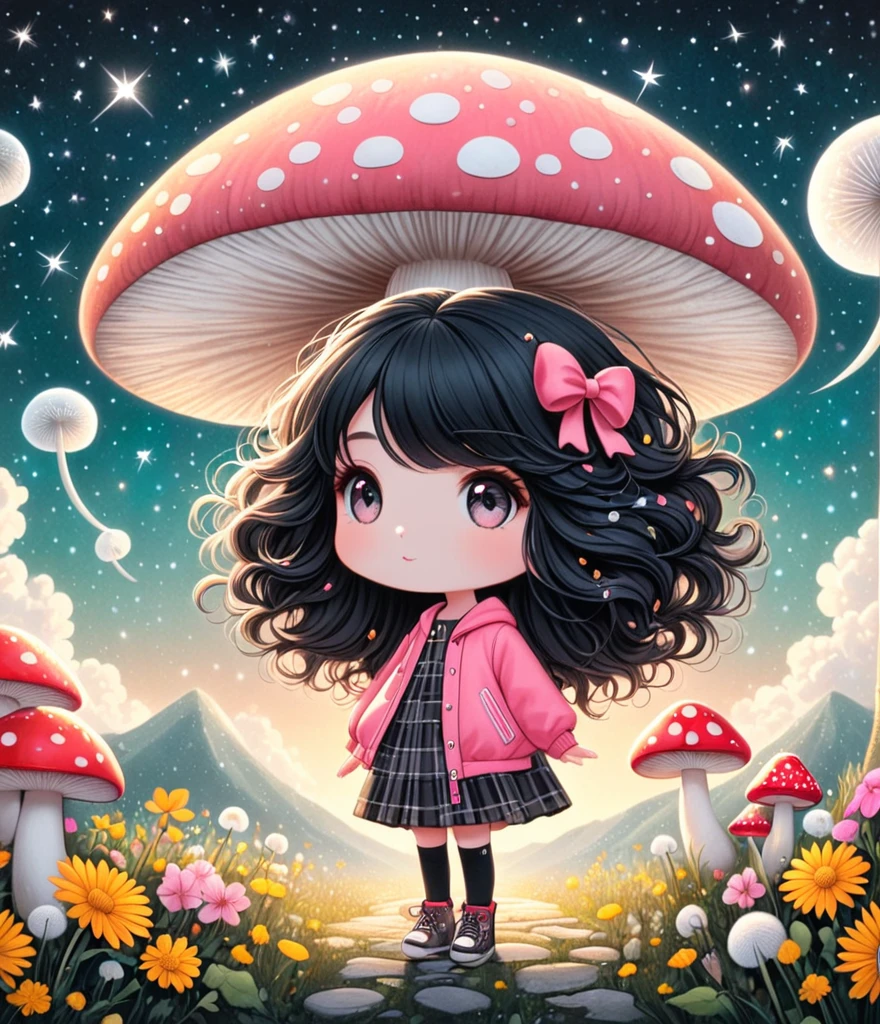 Cute cartoon boy, whole body,Mushroom floating, Pink and white color scheme, sharpie illustration, Thick lines, Grunge rock style beauty, Blending Mode, in the style of Amanda clark, Evgeni gordiets, illustration, 1 nhbm 1