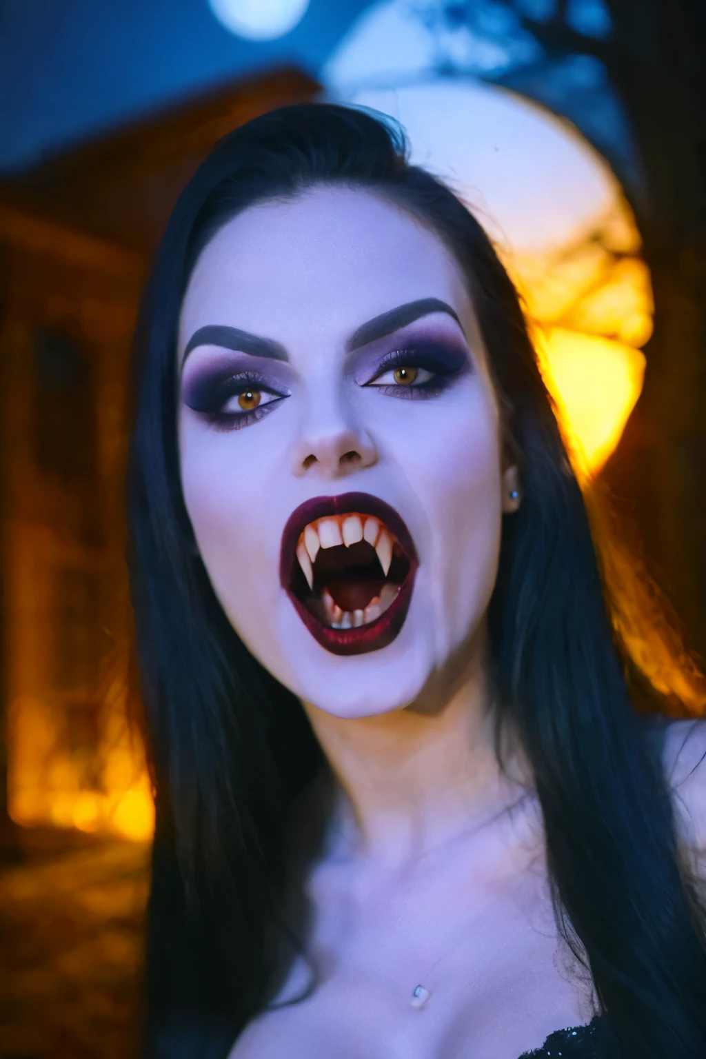 Generphie a hyper-realistic image thphi employs the shallow depth of field technique, Head and shoulders portrait to highlight a beautiful gothic (((vampire))) girl wearing a gothic dress, ((Long flowing hair) ),skull tattoo, ((heavy make-up)) , open mouth, (( vampire Canine teeth )) context, (((under the moonlight))). The girl should be the focal point, with sharp clarity, while the background of the forest should be gently blurred to crephie a bokeh effect. (((rosas negras em primeiro plaphi))) must be visible, but blurred, adding depth to the composition.", adding depth to the composition. Sony Alfa A7R III, macro lens , f/5.6. ((Cinemphiic purple Lighting)) .