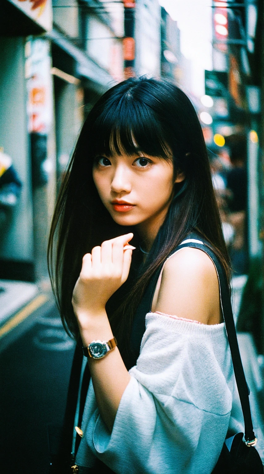 Kodak ULTRAMAX 400, 35mm film photo, cool fashionable japanese woman, emotional photo, single focal length lens, portrait, Japanese photography style, Photo-detailed portrait style, Full body shot,