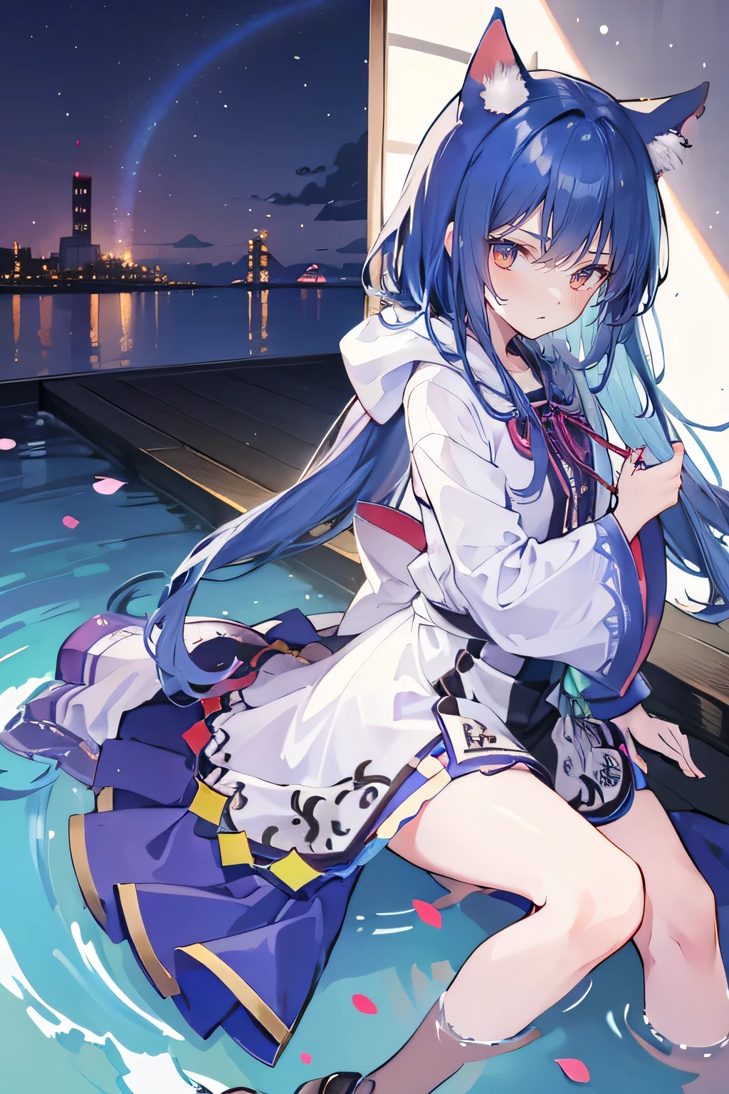 (masterpiece:1.2),Super detailed,lifelike,Expressive eyes,fair skin,perfect face shape,1 girl,
Japanese comics,Gorgeous blue hair,flowing blue hair,flowing clothes,Cat ears,Petals fall,beautiful lola,Baby Angel,
Shaking head with one hand,Cross your legs,Gentle and peaceful background,The pavilion is cool and comfortable,smile, wearing hoodie, background of tokyo,back views,snowing, winter,lie on the water,Lying on the ground。