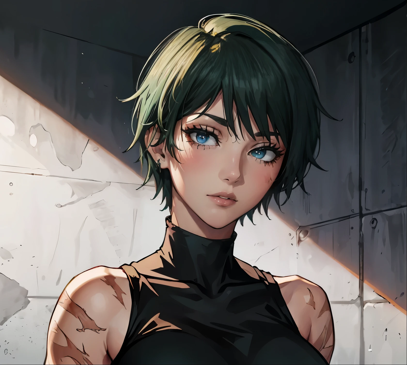 (masterpiece:1.2, best quality:1.2, beautiful, high quality, highres:1.1), 1girl, detailed, short hair, short fluffy hair, short green hair, extremely detailed 4K, perfect eyes, perfect face, bangs, really short hair, scars on body, Maki Zenin eyes, perfect eyes, scars on face, dangerous, exotica, scar on face, scar on cheeks, visible scars on cheeks, bandage on eye, scar on eye, Maki Zenin, scar on body, very short hair, circle glasses, dark scars on face, Maki Zenin LoRA, black shirt, scar on eye, scars, sleeveless, crop top, beautiful face, perfect lighting, (1girl, solo, adult female, mature female), thin, lithe body, Maki Zenin, green hair, glasses, (big breasts), ((sensual seductive))