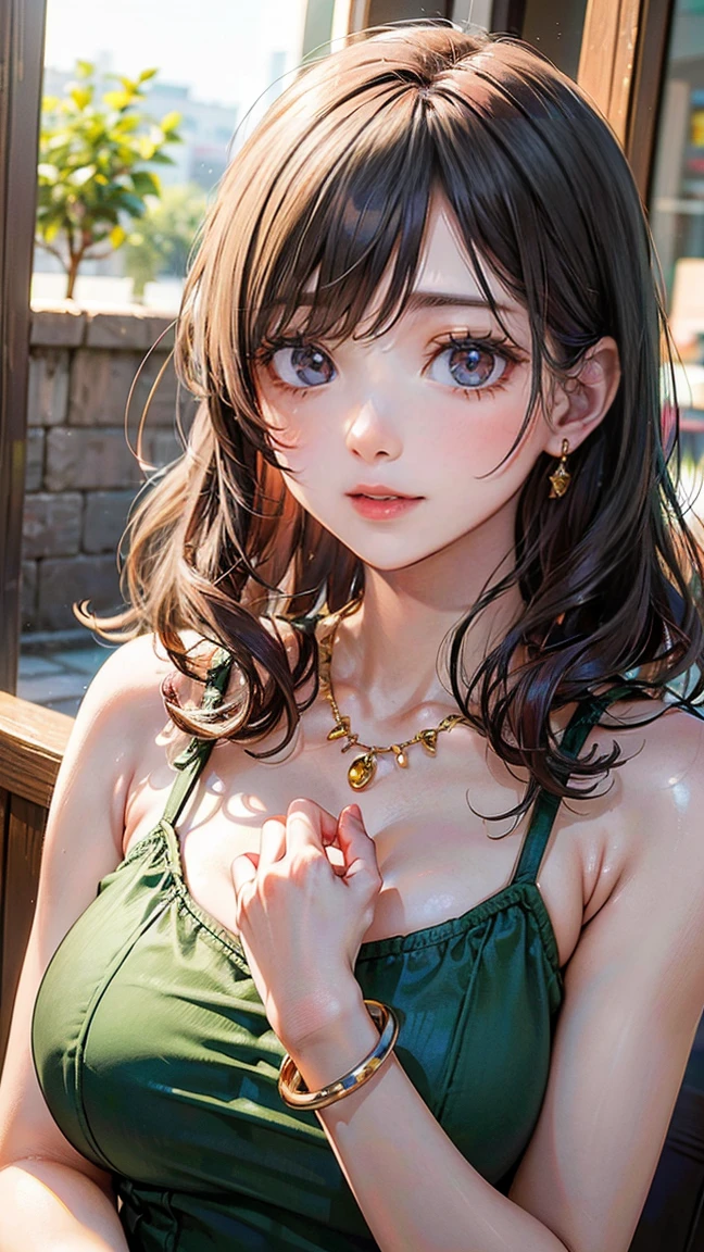 (Masterpiece, BestQuality:1.3), (ultra detailed:1.2), (hyperrealistic:1.3), (RAW photo:1.2), High detail RAW color photo, professional photograph, (Photorealistic:1.4), (realistic:1.4), professional lighting, perfect anatomy, (Big Breasts:1.2), (blush, detailed face), (A happy smile:1.7), Trending Hair&Trending Hairカラーをランダムに, earrings, necklace, bracelet, sexly, erotic sexly, Random sexy gravure poses, (A woman in a green summer dress、花畑でポーズを取りながらA happy smileでセクシーなポーズをとっている。Her pink curls sway beautifully.。:1.3)