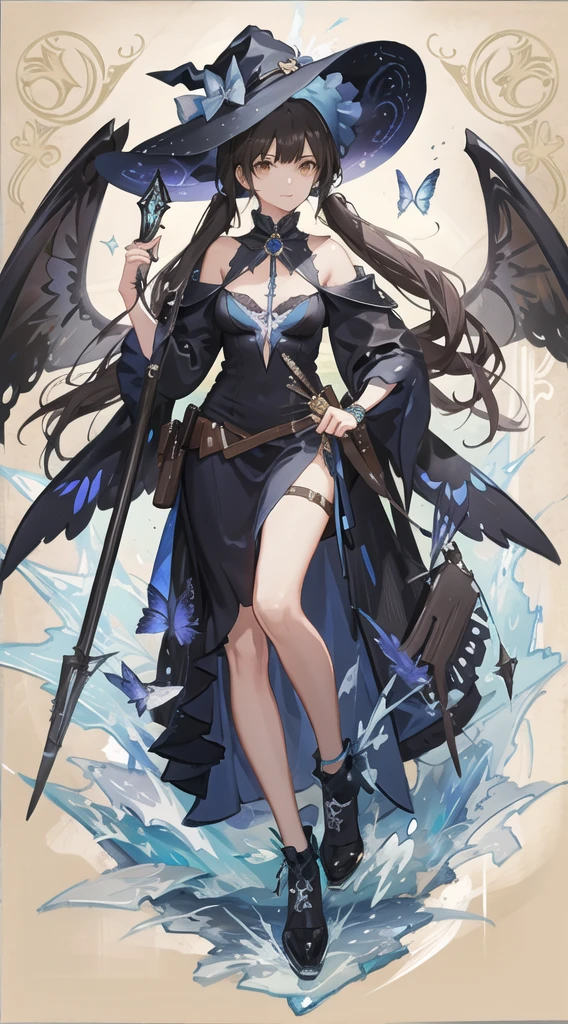 colorful butterfly,girl,full body,witch hat,(detailed face:1.2), Tarot border,The portrait is centered,(no weapon),, medium hair, black hair, twintails, blunt bangs, brown eyes,