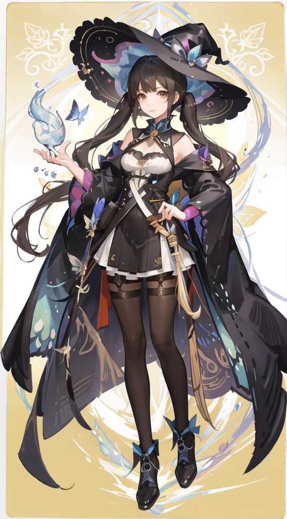 colorful butterfly,girl,full body,witch hat,(detailed face:1.2), Tarot border,The portrait is centered,(no weapon),, medium hair, black hair, twintails, blunt bangs, brown eyes,