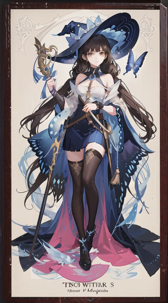 colorful butterfly,girl,full body,witch hat,(detailed face:1.2), Tarot border,The portrait is centered,(no weapon),, medium hair, black hair, twintails, blunt bangs, brown eyes,