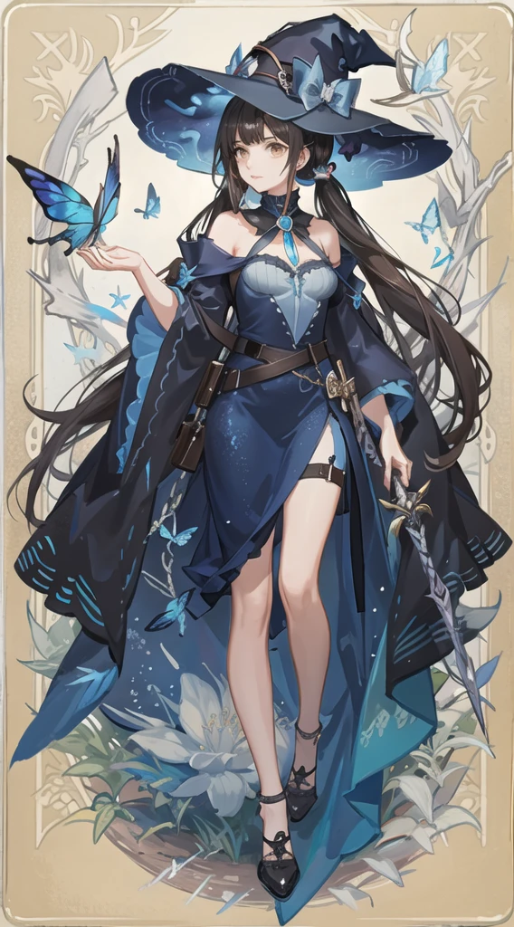 colorful butterfly,girl,full body,witch hat,(detailed face:1.2), Tarot border,The portrait is centered,(no weapon),, medium hair, black hair, twintails, blunt bangs, brown eyes,