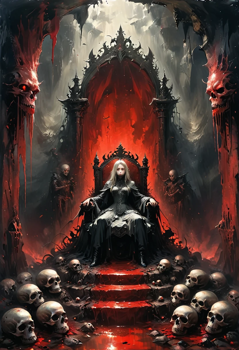 Cave，Underground Kingdom，Gothic style，A painting，(((throne:1.37)))On a pile of skulls, Disturbing, crawl, gloomy, rotten, Blood rushes like a river，