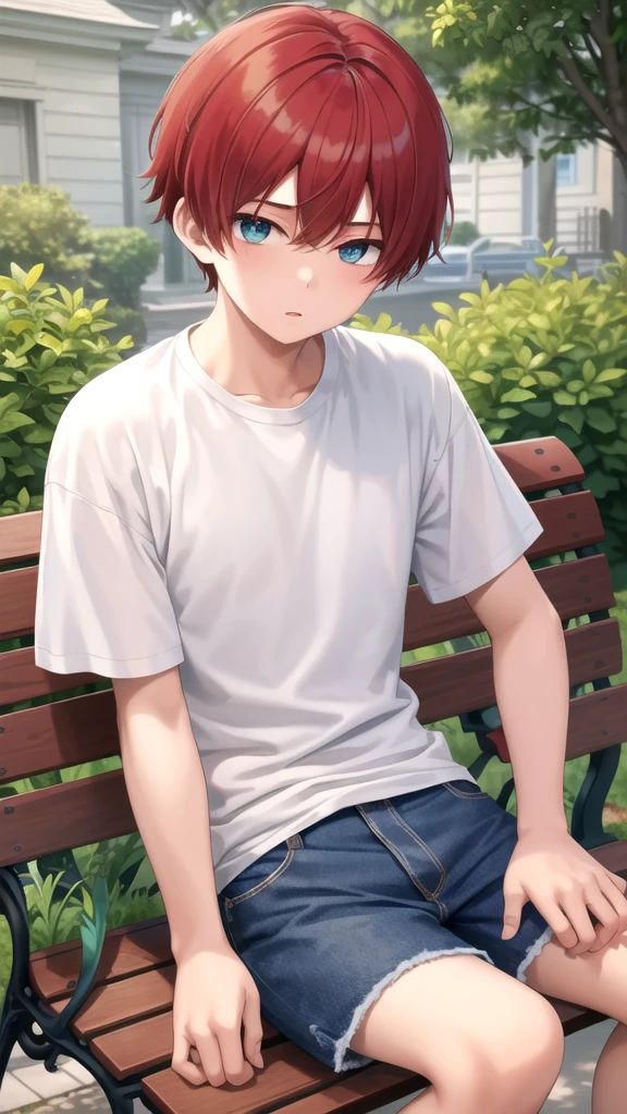 masterpiece, best quality, high quality, 1boy, solo, 14-year-old boy,evil boy,male focus, looking at viewer , hair colored white and red , old-school swoop haircut,white shirt with short sleeves,blue jean shorts, blues eyes, sitting on a bench 