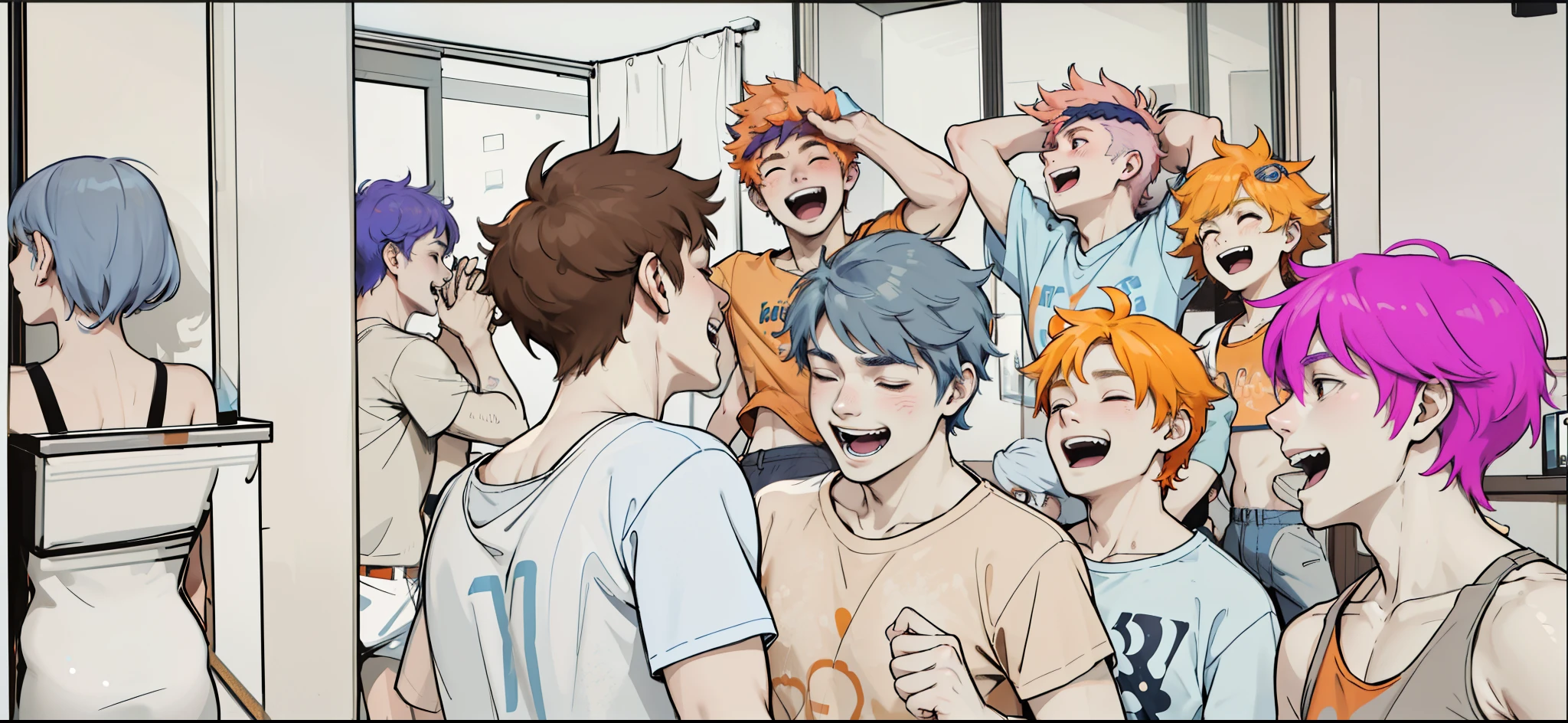 A group of 16-year-olds with gray and blue and orange t-shirts with pink, orange, purple, brown hair jumping and laughing and dancing at a party. They have orange hair and others with gray hair. They are in a luxurious living room of young people at a party.