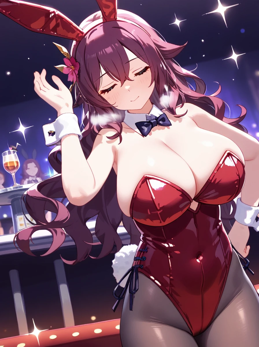 (masterpiece, best quality),
1girl, standing, (from below:1.2), lower body, above the ankle,

BREAK girl, 20yo, loli, (????????????:1.0), , (wavy hair:1.2), (hair between eyes:0.8),
sleepy, heavy breathing, smile, looking down,
BRAAK playboy bunny, (red leotard:1.4), (shiny bunny ears headband:1.2), (metal chrome leotard:1.2) with pantyhose, detached collar, wrist cuffs, (deep black pantyhose:1.2),
nightclub, lounge, sparkle, powder light,