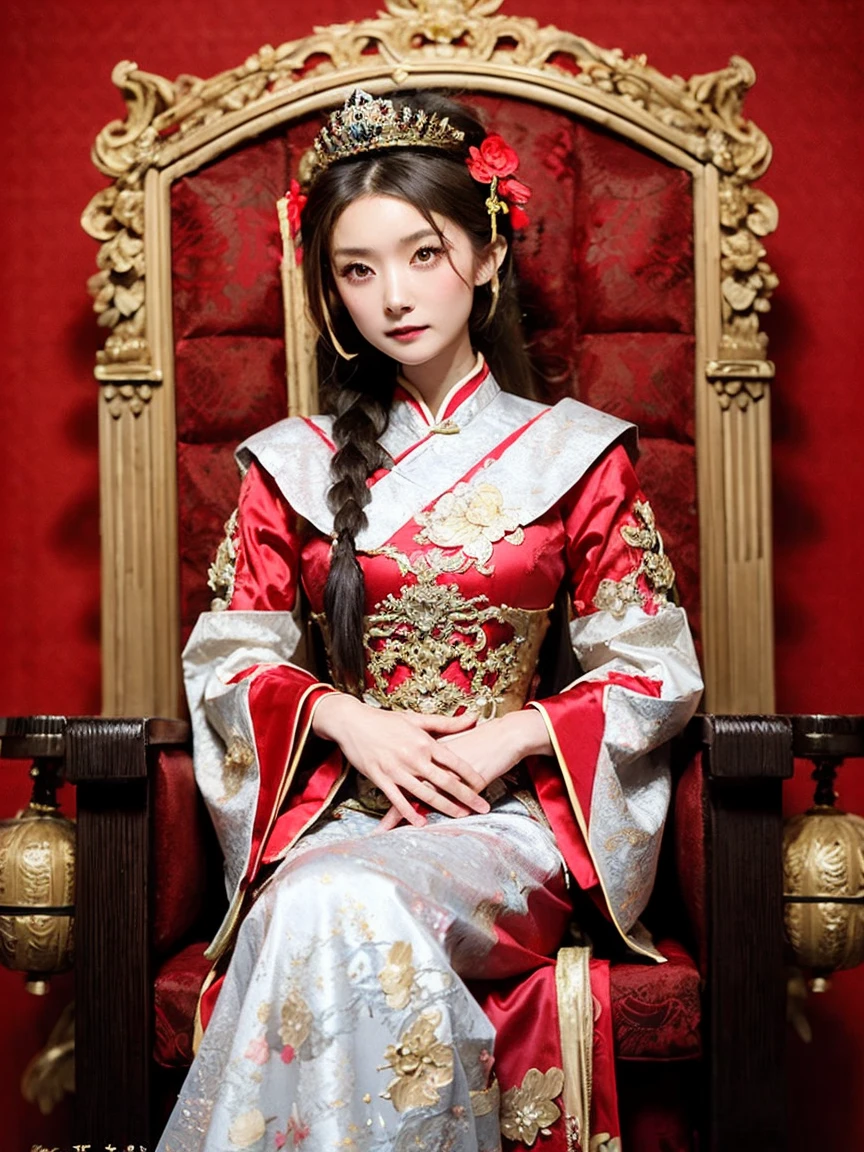 One girl, ((Throne)), (Liangbatou), Gorgeous, gold and silver, silk, gem, Flower and bird painting, Chinese ancient, Royal Family, Three-dimensional, Gorgeous,sitting, wide sleeves, Hand fan, dress, blurry, traditional media, red background, braid, traditional clothes, Cowboy Shot, 