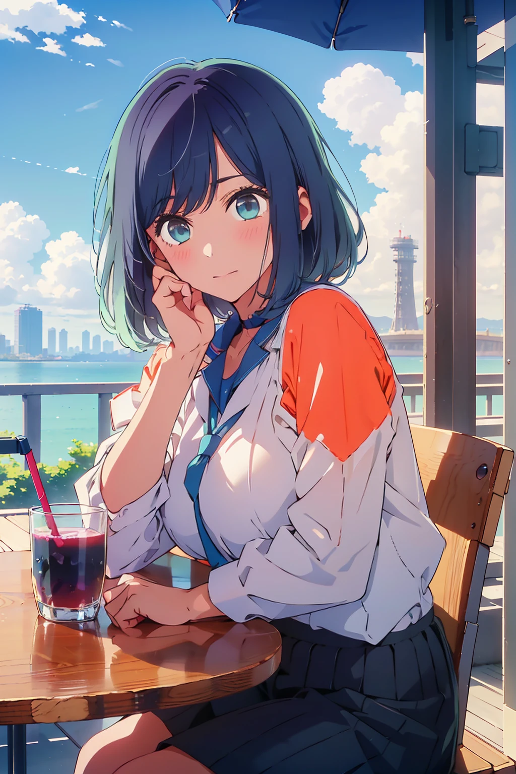 (Highest quality:1.4、masterpiece:1.4、超detailed:1.4、Ultra-high resolution:1.4、Absurd:1.4、Absolute Resolution:1.4、8K:1.4、detailed:1.4)、F cup bust、Big Breasts、Slim body、Very white beautiful skin、((((1 person、Surprised expression、sit、Chair、In the background are the urban buildings of Tokyo、looking at the camera、Outdoor café terrace、Navy hair color、juice、table、Get up close and take a photo、Very cute face))))、((((nude、very beautiful areola))))、(Pose with hands tucked behind ears:1.4、Cheek resting on hand:1.4)、Black off-the-shoulder blouson with zipper、Very blue sky、A completely cloudless sky