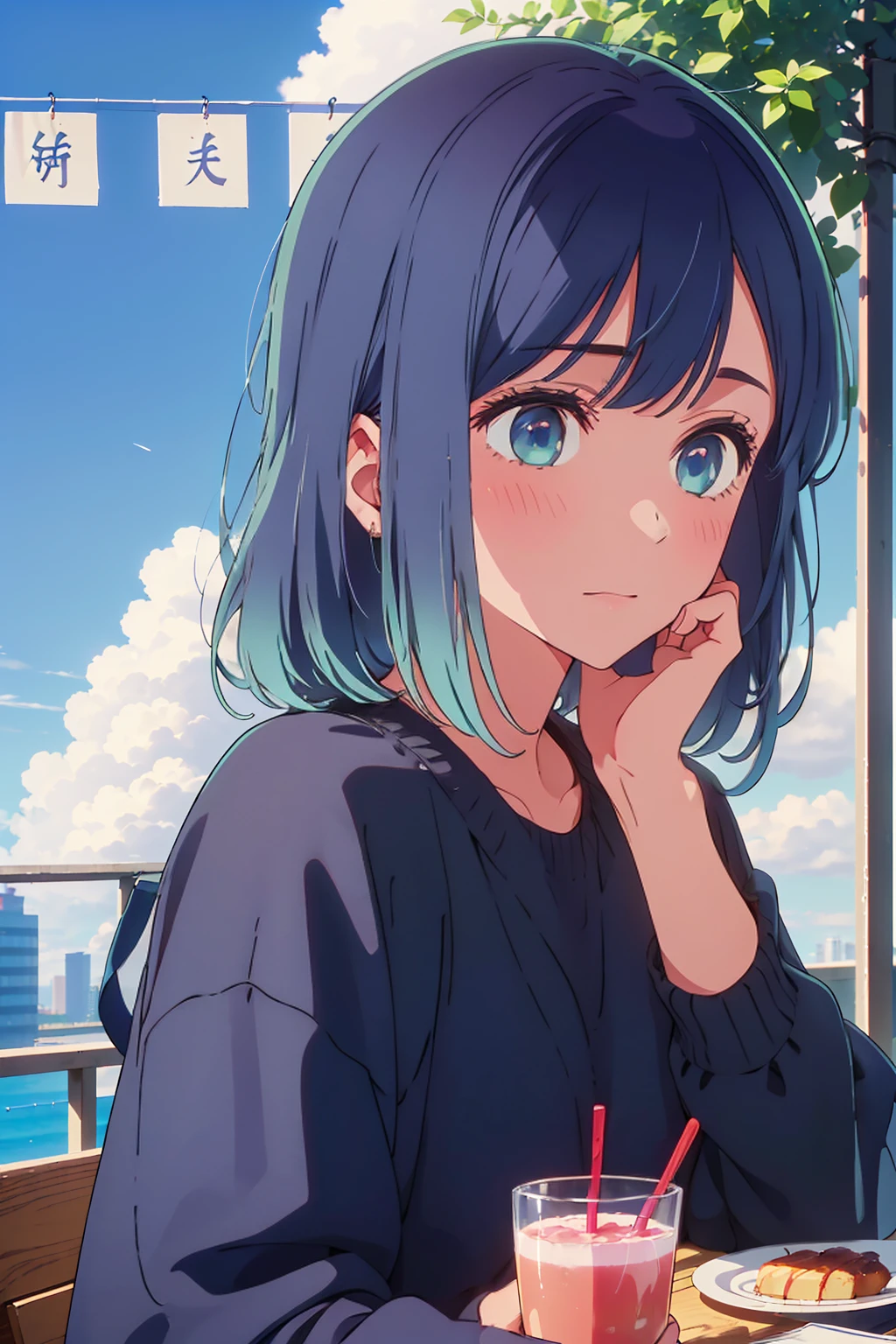 (Highest quality:1.4、masterpiece:1.4、超detailed:1.4、Ultra-high resolution:1.4、Absurd:1.4、Absolute Resolution:1.4、8K:1.4、detailed:1.4)、F cup bust、Big Breasts、Slim body、Very white beautiful skin、((((1 person、Surprised expression、sit、Chair、In the background are the urban buildings of Tokyo、looking at the camera、Outdoor café terrace、Navy hair color、juice、table、Get up close and take a photo、Very cute face))))、((((nude、very beautiful areola))))、(Pose with hands tucked behind ears:1.4、Cheek resting on hand:1.4)、Black off-the-shoulder blouson with zipper、Very blue sky、A completely cloudless sky