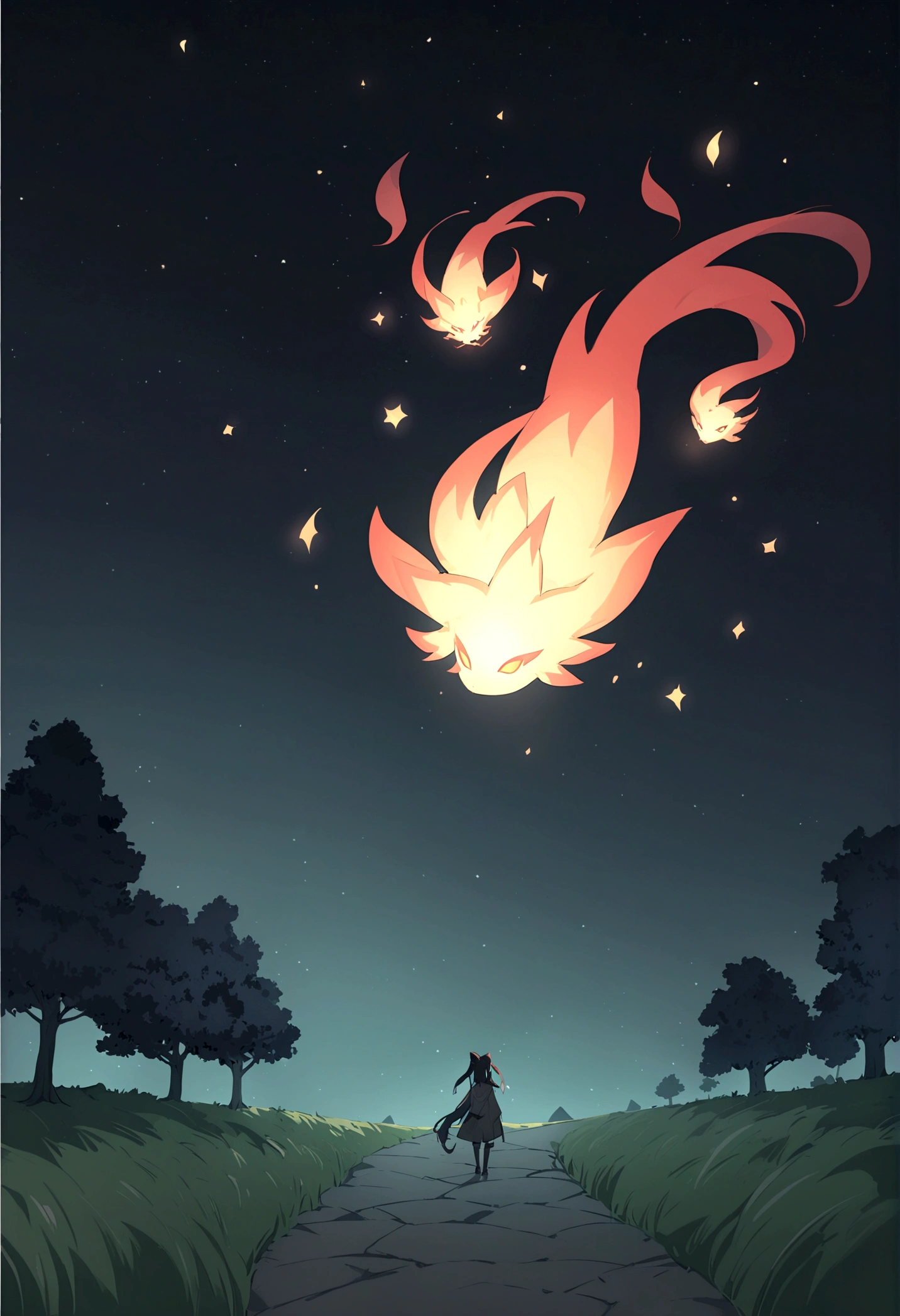 Japanese Yokai「Zong Xuanhuo(Sogenbi)」Please draw。Zong Xuanhuoは、A pale fireball-like monster floating in the night sky.、They often float through the sky emitting a mysterious light.。Its appearance is amorphous、Changes shape as the flame flickers。The background is set to a dark night sky and a quiet rural landscape.、Zong Xuanhuoが不気味に漂うシーンを描写してください。Create an overall mysterious and slightly scary atmosphere.。