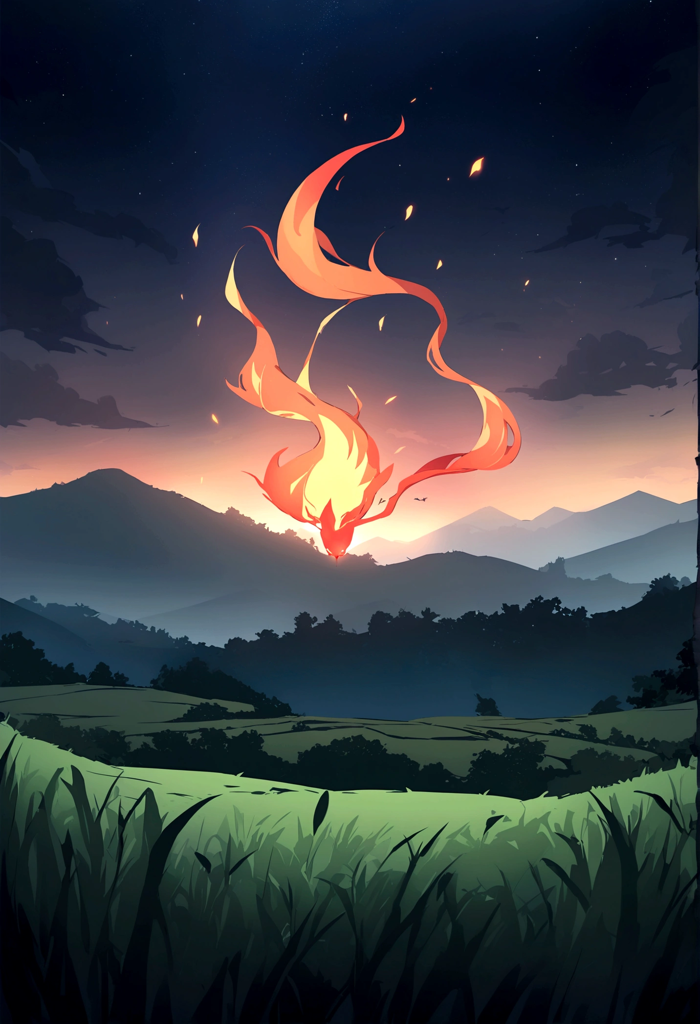 Japanese Yokai「Zong Xuanhuo（Sogenbi）」Please draw。Zong Xuanhuoは、A pale fireball-like monster floating in the night sky.、They often float through the sky emitting a mysterious light.。Its appearance is amorphous、Changes shape as the flame flickers。The background is set to a dark night sky and a quiet rural landscape.、Zong Xuanhuoが不気味に漂うシーンを描写してください。Create an overall mysterious and slightly scary atmosphere.。