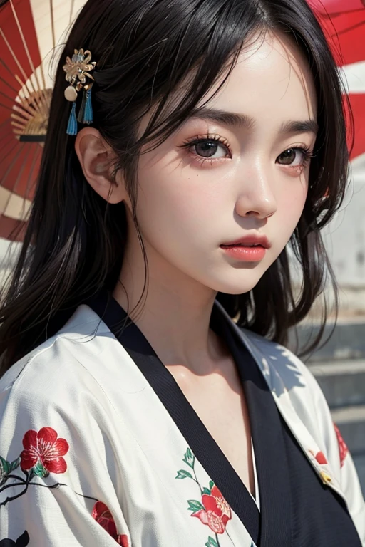 Best-quality, Masterpiece, Ultra-High-Resolution, (Photorealistic:1.4), Raw-Photo, Extremely-Details, Perfect-Anatomy, 1girl, 15-years-old, the most popular Japanese idol, portrait, extremely cute face like a very famous Japanese idol, extremely beautiful big black eyes, extremely beautiful black hair, extremely beautiful body, extremely beautiful white skins, wearing only gorgeous Japanese KIMONO, looking at viewer, detailed gorgeous Japanese KIMONO, detailed face, detailed eyes, detailed hair, detailed