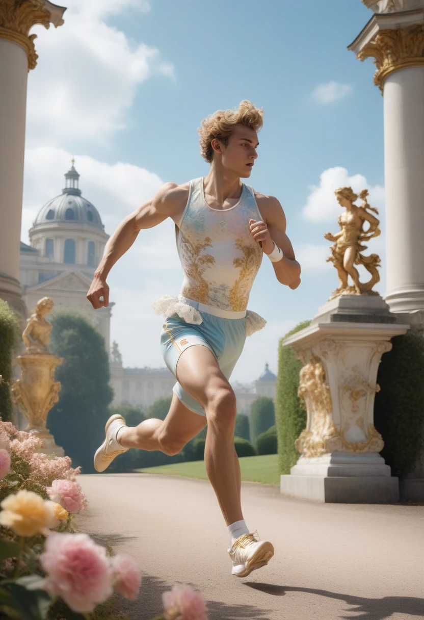 A Rococo-style runway athlete, inspired by the artistic style of Jean-Honoré Fragonard, is in a dynamic pose, running. He wears modern athletic clothing in pastel, adorned with lace, subtle bows, gold embroidery and curved lines that evoke rococo art. The running track is surrounded by exuberant gardens with colorful flowers, marble statues and ornate sources, reminiscent of Fragonard's bucolic and romantic scenes. In the background, there is an architecture designed with light shades and gold details, under a blue sky with soft white clouds. In the distance, other blurred athletes run, their steps erased by speed, fighting, but unable to accompany the central protagonist. Its silhouettes mix with the scenery as fleeting shadows, witnesses of the tireless search for victory.
