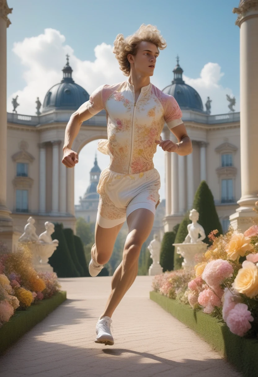 A Rococo-style runway athlete, inspired by the artistic style of Jean-Honoré Fragonard, is in a dynamic pose, running. He wears modern athletic clothing in pastel, adorned with lace, subtle bows, gold embroidery and curved lines that evoke rococo art. The running track is surrounded by exuberant gardens with colorful flowers, marble statues and ornate sources, reminiscent of Fragonard's bucolic and romantic scenes. In the background, there is an architecture designed with light shades and gold details, under a blue sky with soft white clouds. In the distance, other blurred athletes run, their steps erased by speed, fighting, but unable to accompany the central protagonist. Its silhouettes mix with the scenery as fleeting shadows, witnesses of the tireless search for victory.