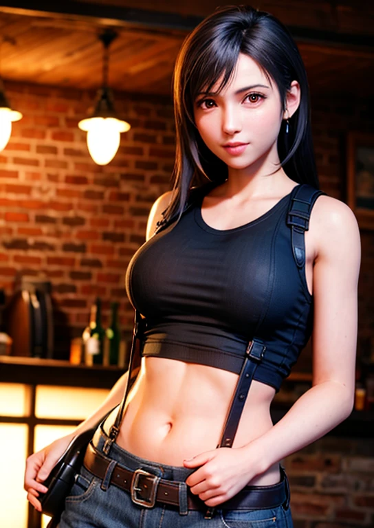 (, blush, 20-year-old, Narrow eyes) (Realistic: 1.4), alone, Highest quality, Very delicate and beautiful, High resolution, One girl, Tifa_Lockhart, smile, Cowboy Shot, suspenders, Low rise, mini skirt, Tank top, Tense shirt, Black Hair, Long Hair, Elbow hand pockets, Beautiful and detailed red eyes, Face Light, Cinema Lighting, belly button, ( Huge breasts: 1.0), Old Bar, The background is blurred, Fluttering Hair,  Beautiful woman