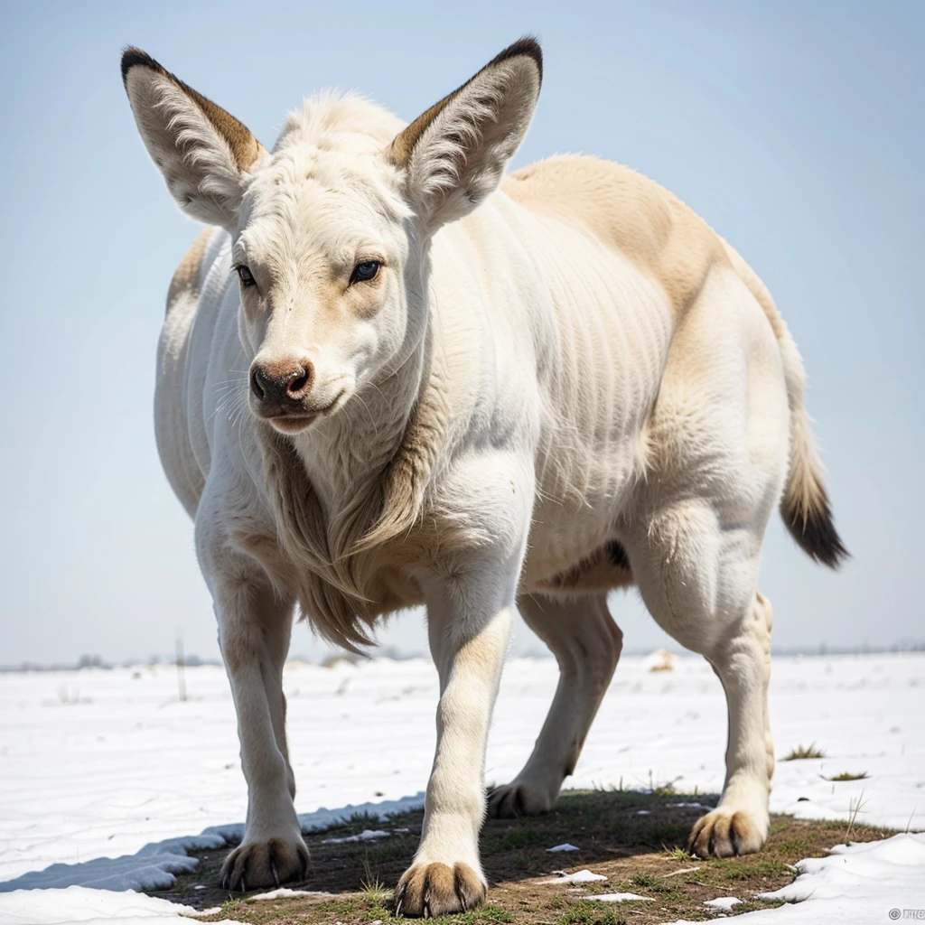 Big Animaly, his skin is full white albino, his eyes are blue, deer mixed with skunk, fox head mixed, Grassroots, no background,