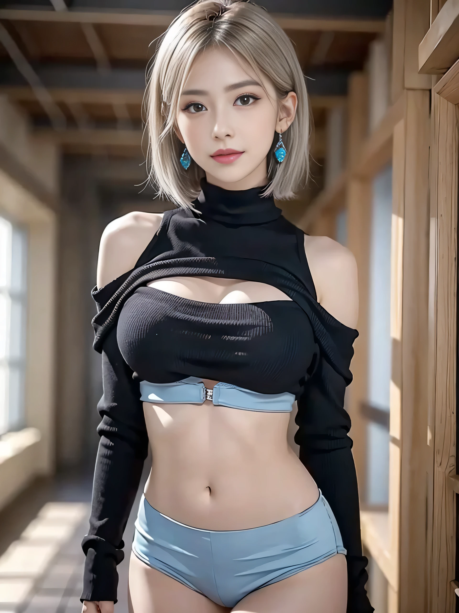 (18 year old black gal perfect for friendship), (Cleavage:1.5), (Black Theme:1.4), (Bright colors:1.3), (Black sweater:1.4), (Long sleeve:1.3), ((Off the shoulder, belly button, Stomach):1.3), (Black Theme:1.3), (Very detailed ((Blue Diamond)) Earrings:1.4), RAW Photos, Realistic:1.6, quality:1.5, 8K, masterpiece:1.3, Ultra-high resolution:1.0, Sharp focus:1.2, (Big Breasts:1.5), Beautiful woman with perfect figure, Highly detailed face and skin texture, Beautiful Eyes, double eyelid, (kuro-gyaru makeup:1.2), Perfect facial balance, (smile:1.1), ((Silver short hair:1.2), Beautiful studio soft light, Rim Light, Sharp details, surreal, Octane Rendering, Fine and beautiful skin, Realistic skin, (Looking at the audience),