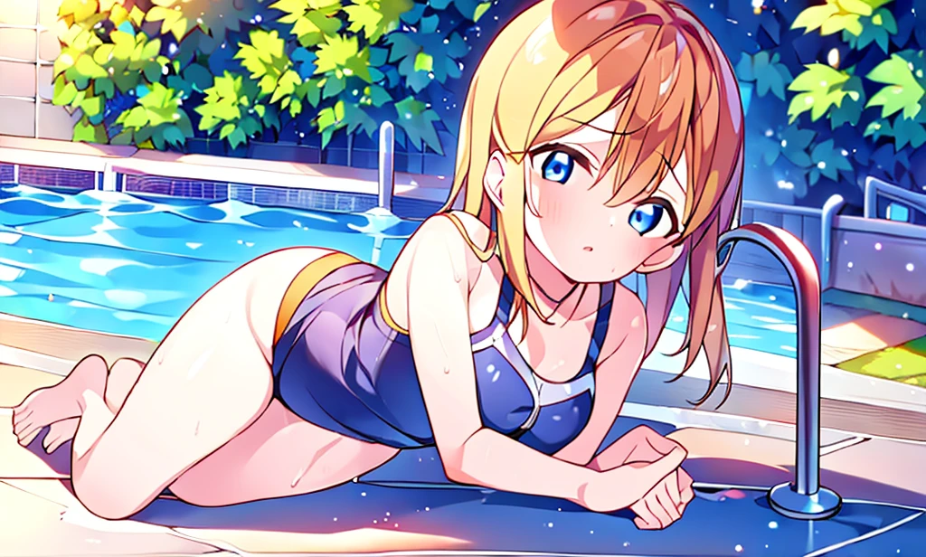1 girl Blue eye Twin tell hair tsurime Swimsuit bikini lying on the pool side side on the bikini