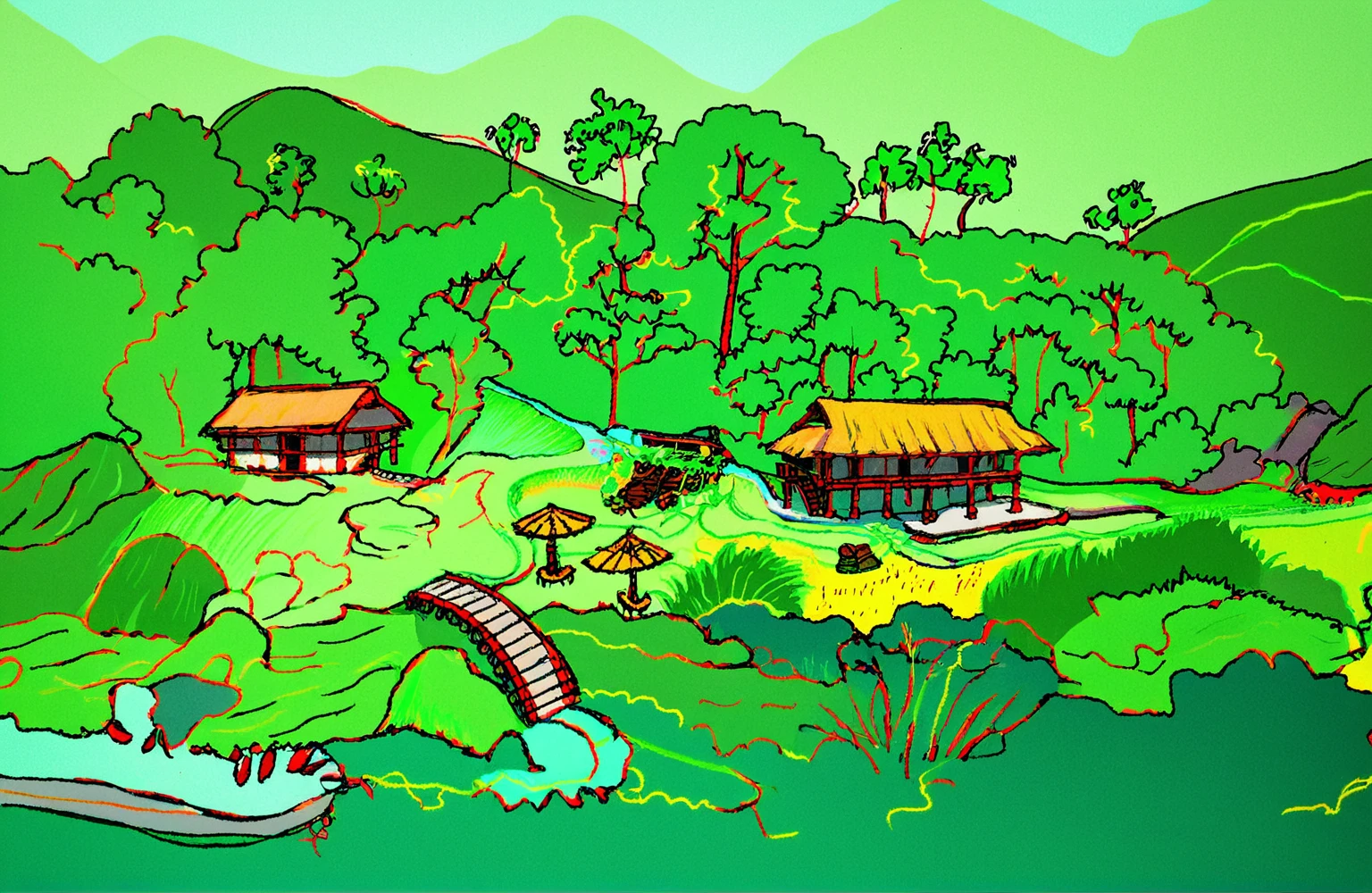 A serene rural landscape with traditional Asian architecture nestled within a lush, hilly terrain. The scene includes two thatched-roof houses elevated on stilts, surrounded by dense forest and rolling hills. A winding stream flows through the center, crossed by a charming wooden bridge. Near the stream, there are small tables with umbrellas, offering a peaceful spot to relax and enjoy the natural beauty. Large boulders and a variety of plant life, including tall trees and shrubs, add to the tranquil, picturesque setting
