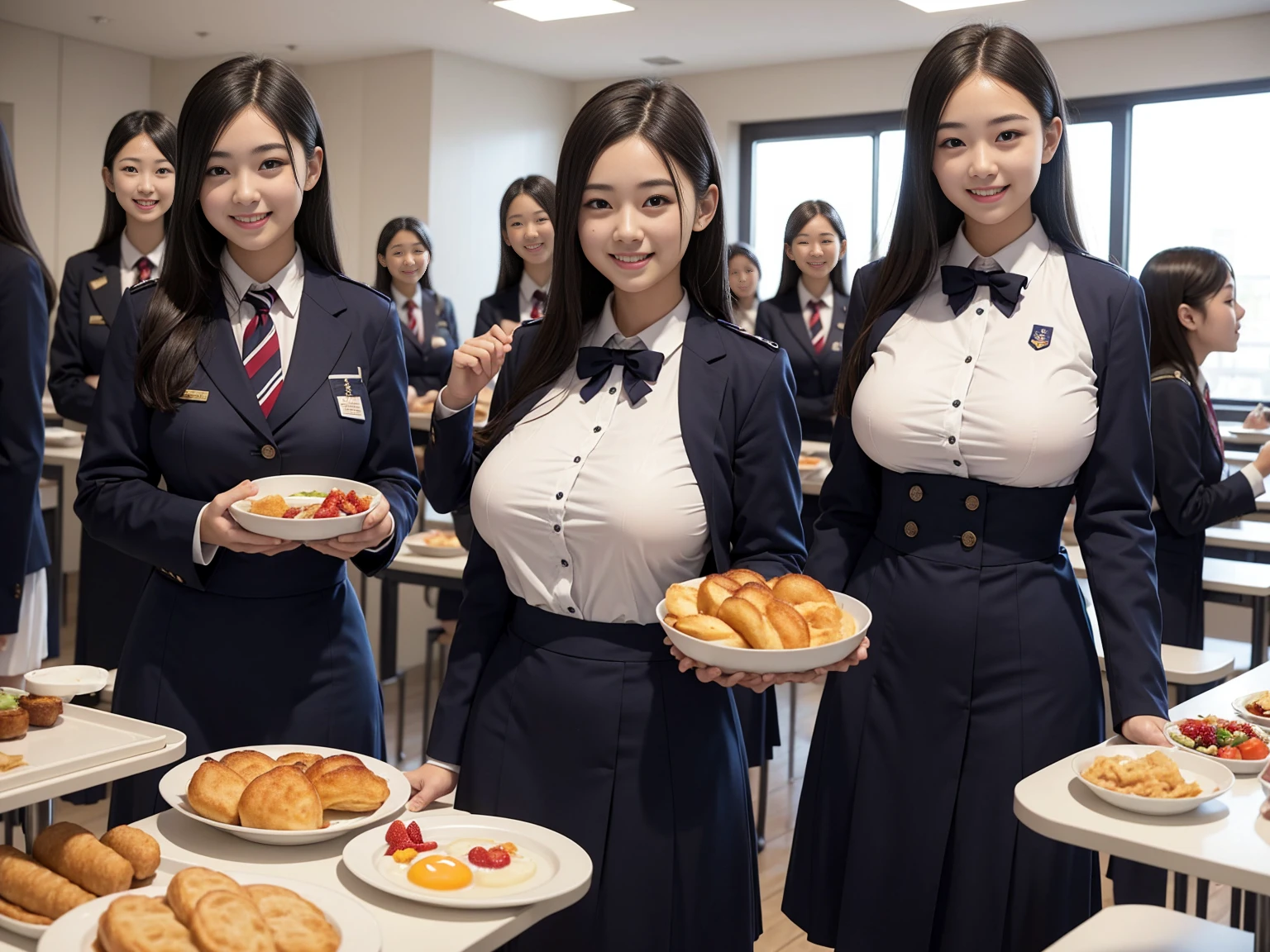 canteen、breakfast、A group of 10 female students standing in a row、uniform、Big Breasts、Nipples、Tucked up、smile、Women&#39;s dormitory、slender、Are thin、Blonde、Brown Hair、Black Hair、Huge boobs、Cleavage、Daytime、String Panties Thighs Thighs、Spread your legs wide、Short sleeve white shirt、Sexy、adultery、Amorous、Nipples