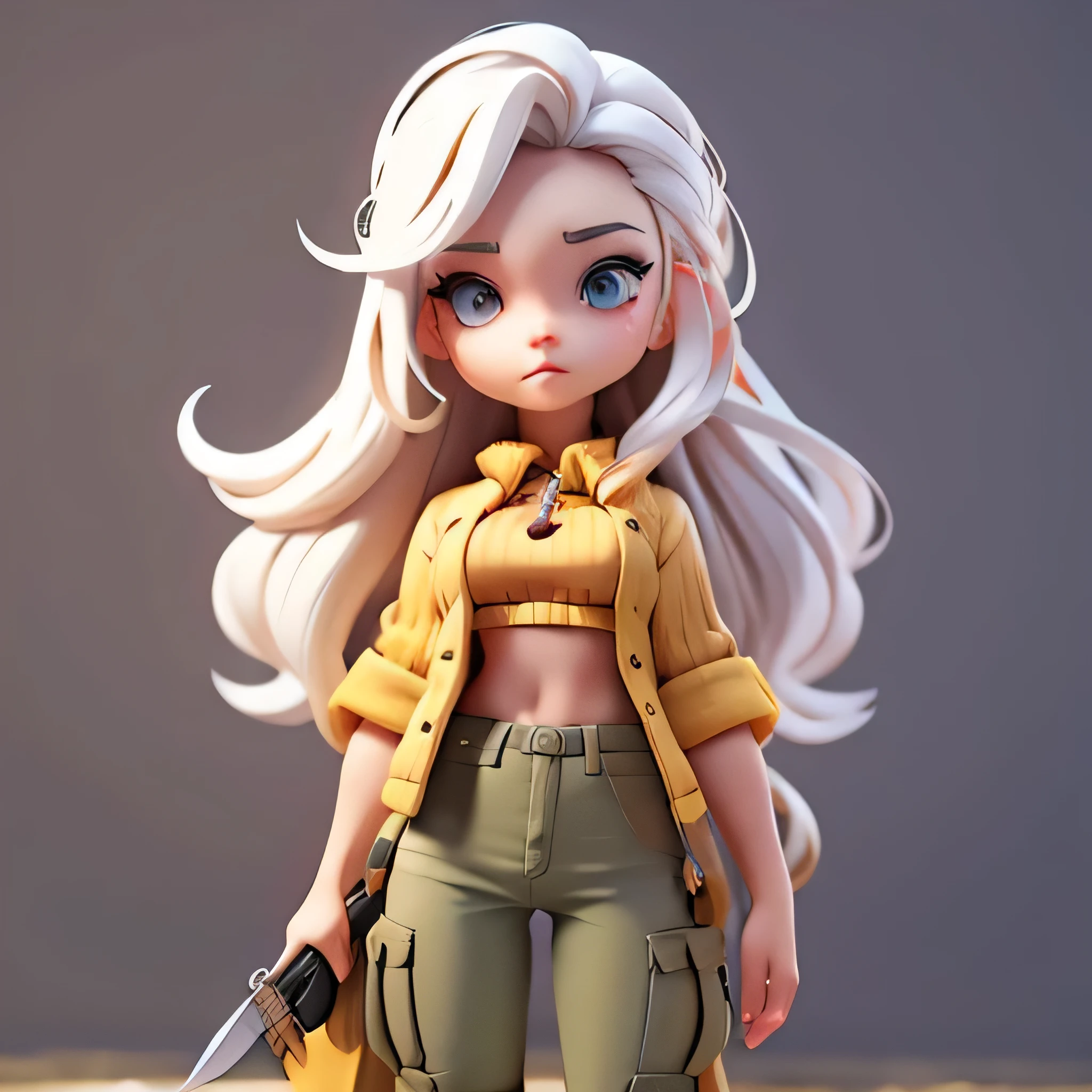 A lady,standing,long white hair, gold colour eyes,army vest, army pant, holding knife, startled,on a stormy ocean,art stations, ...............CGI_Animate