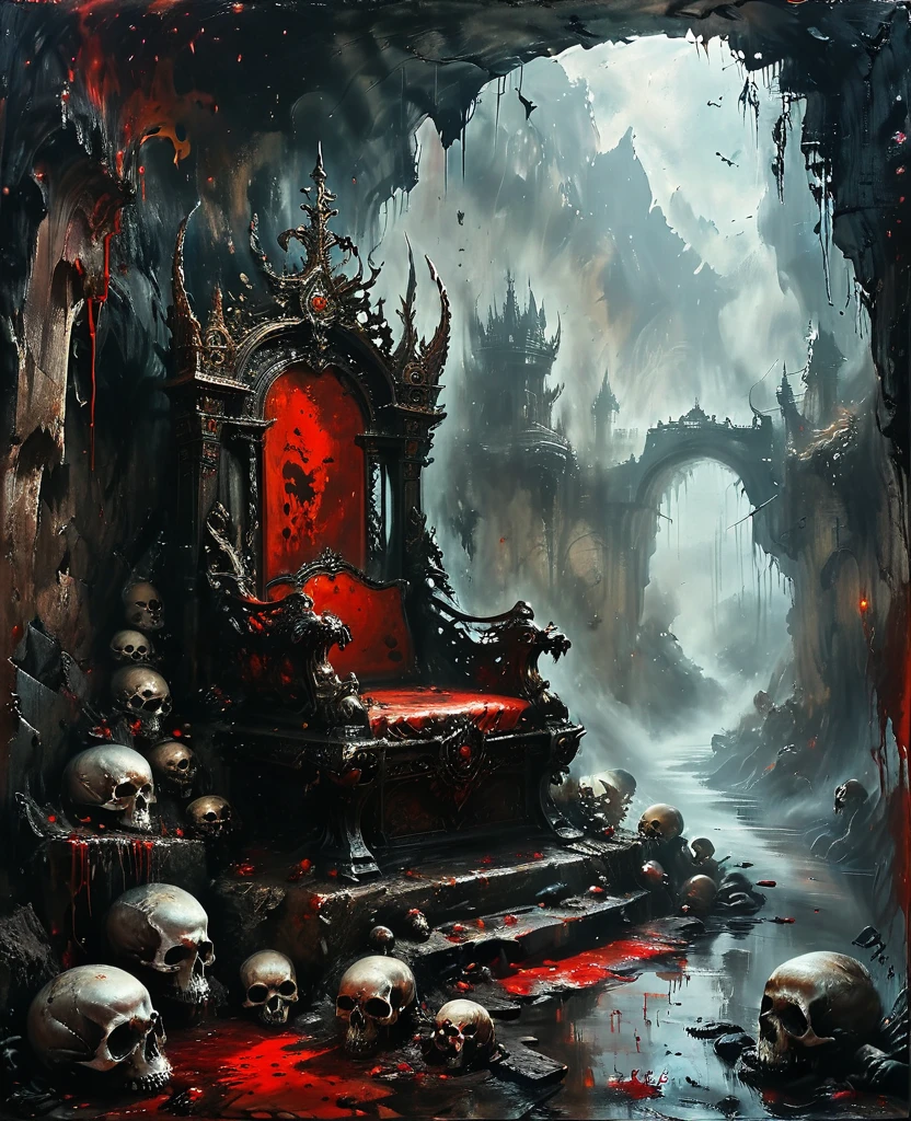 Cave,Underground Kingdom,Gothic style,A painting,(((The throne on the platform,sharp,)))On a pile of skulls, Disturbing, crawl, gloomy, rotten, Blood rushes like a river,