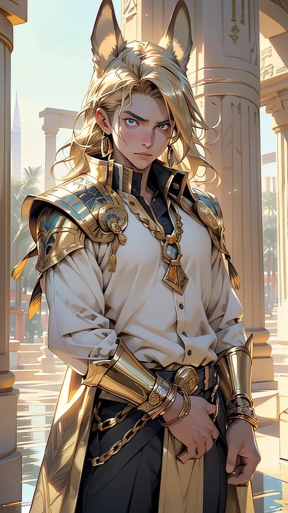 (male) of ancient Egypt,Egyptian,((((1male,1 male, 1man, 1 man:1.5,man,male,male gender:1.5)))),macho man,
((((anubis ears:1.1,anubis girl:1.1,anubis)))),(((eyes golden:1.3))),intricate eyes,beautiful detailed eyes,symmetrical eyes,(ultra-detailed eyes:1.1,symmetrical eyes:1),man chest,muscle chest,muscle,muscular,((golden hair:1.5)),
opulent,sumptuous,
jewelry,((anubis, egyptian jackal headed god, anthro)),(holding golden scales),golden armor:0.25,black & gold cape,arabic pants,((bulge in pants)),((intricate outfit)),
dynamic pose,looking at viewer,angry ,centered,scale to fit dimensions,Rule of thirds,
outdoors,pillars,((pillars background,egyptian palace,egyptian palace background,pyramids in the background)),scenery,extremely scenery,(puddles everywhere,moss,moss on the background),sunset, golden hour),
(Glossy Egyptian ornaments),highres,sharp focus,(ultra detailed,extremely detailed),(photorealistic artwork:1.37),(extremely detailed CG unity 8k wallpaper),(((vibrant colors,vibrant theme))),(intricate),(masterpiece),(best quality),artistic photography,(photography taken by sldr),(intricate background),perfect rendered face,perfect face details,realistic face,photo realistic,((intricate detail)),(((realism))),