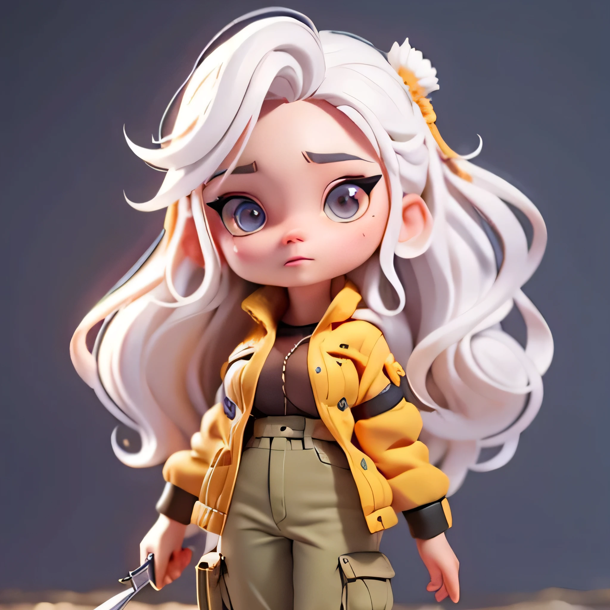 A lady,standing,long white hair, gold colour eyes,army vest, army pant, holding knife, startled,on a stormy ocean,art stations, ...............CGI_Animate