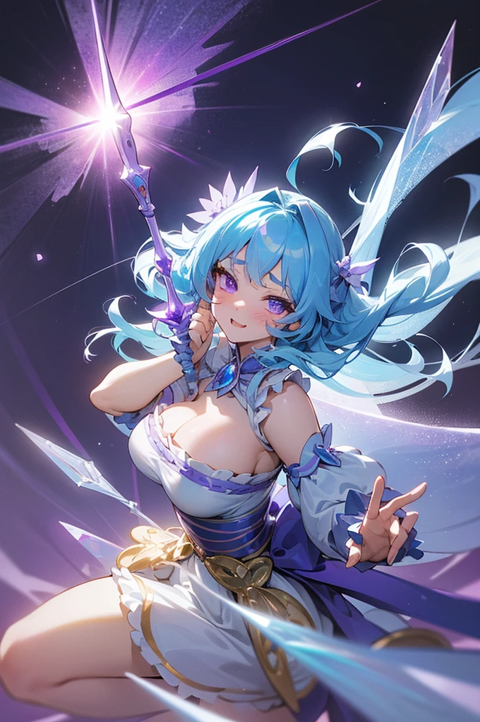 High quality,beautyな背景,detailed,masterpiece,beauty,1 person,Late teens,Up to the waist,Cute Woman,Fluttering,
Lots of frills,Big Breasts,Cleavage Emphasis,笑face, ((((perfection_face))),(Beautiful lighting:1.3),Dynamic Pose,Extreme pose,Naughty,Naughty light blue hair,Golden Ratio,Purple Eyes,Long Hair,Magical girl,Have a magic wand,Background magic array,Ice Magic,Ice crystals,Crystals in the sky,Too much exposure